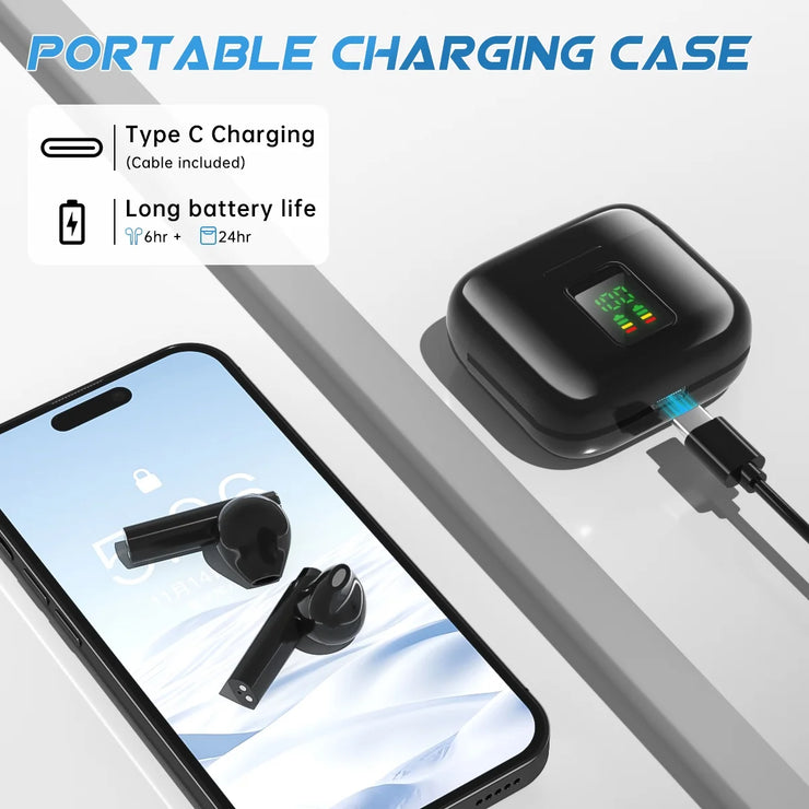 Bluetooth 5.3 Wireless Earbuds Headphones Noise Cancelling with Built-In Mic and Charging Case Hands-Free Calling Sweatproof In-Ear Headset Earphone Earpiece for Iphone/Android Smart Phones,Black